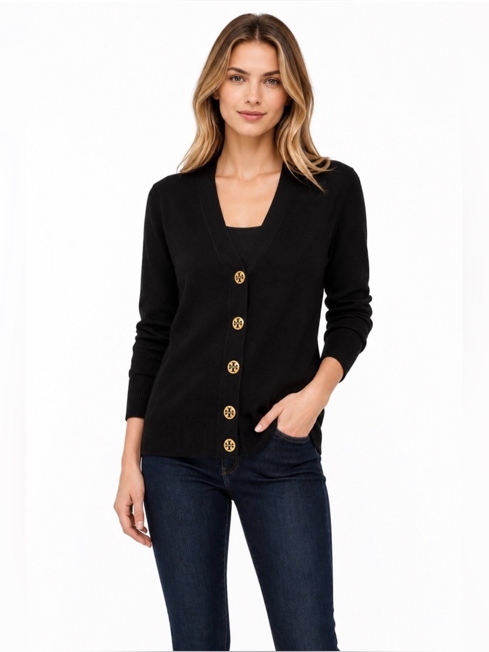 Tory Burch Black V-Neck Cardigan with Gold Buttons 100% Merino Wool